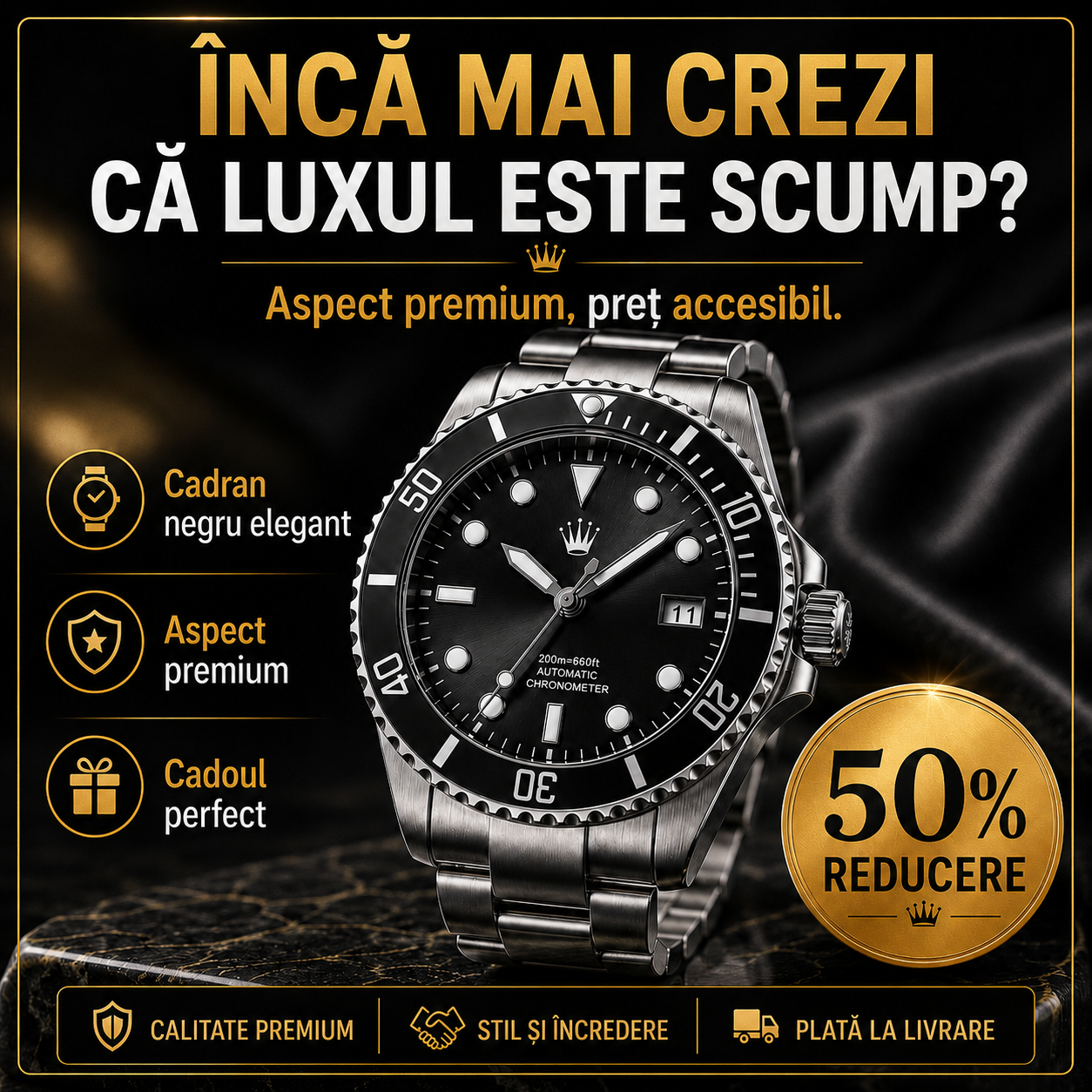 Ceas Elvețian Premium Submariner – Design de Lux Tip Diver, Negru Elegant (Arată scump, fără să plătești mii)