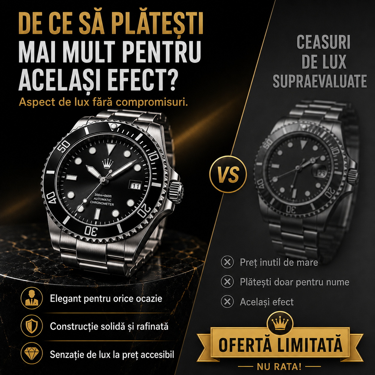 Ceas Elvețian Premium Submariner – Design de Lux Tip Diver, Negru Elegant (Arată scump, fără să plătești mii)