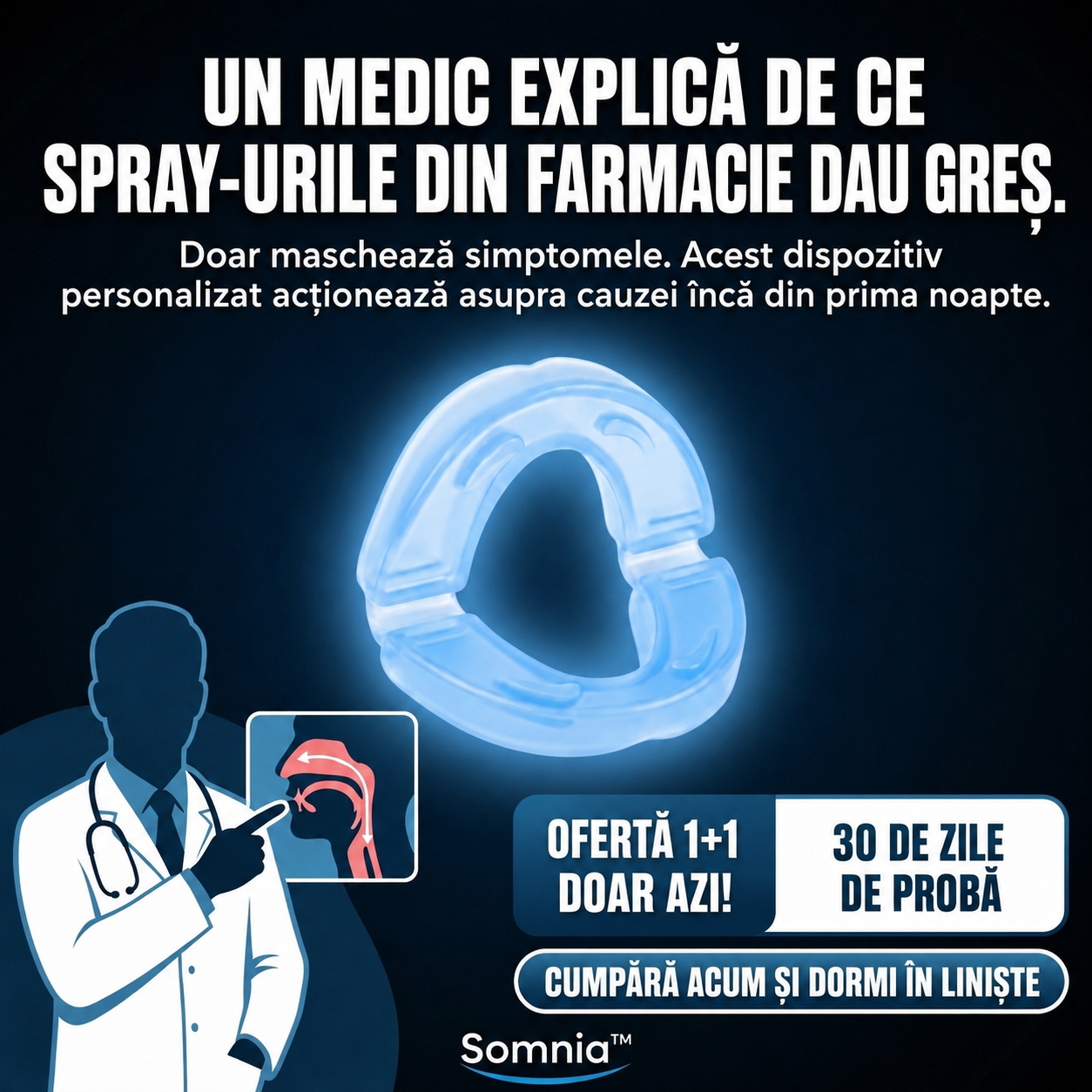 1+1 GRATIS DOAR AZI! | Somnia™ Pro – Dispozitivul anti-sforăit dezvoltat pentru a reduce sforăitul și senzația de sufocare nocturnă | Trezește-te odihnit și plin de energie în fiecare dimineață | Garanție de rambursare 30 de zile
