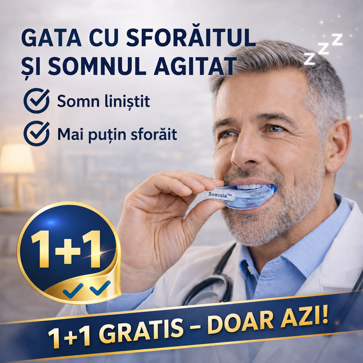 1+1 GRATIS DOAR AZI! | Somnia™ Pro – Dispozitivul anti-sforăit dezvoltat pentru a reduce sforăitul și senzația de sufocare nocturnă | Trezește-te odihnit și plin de energie în fiecare dimineață | Garanție de rambursare 30 de zile