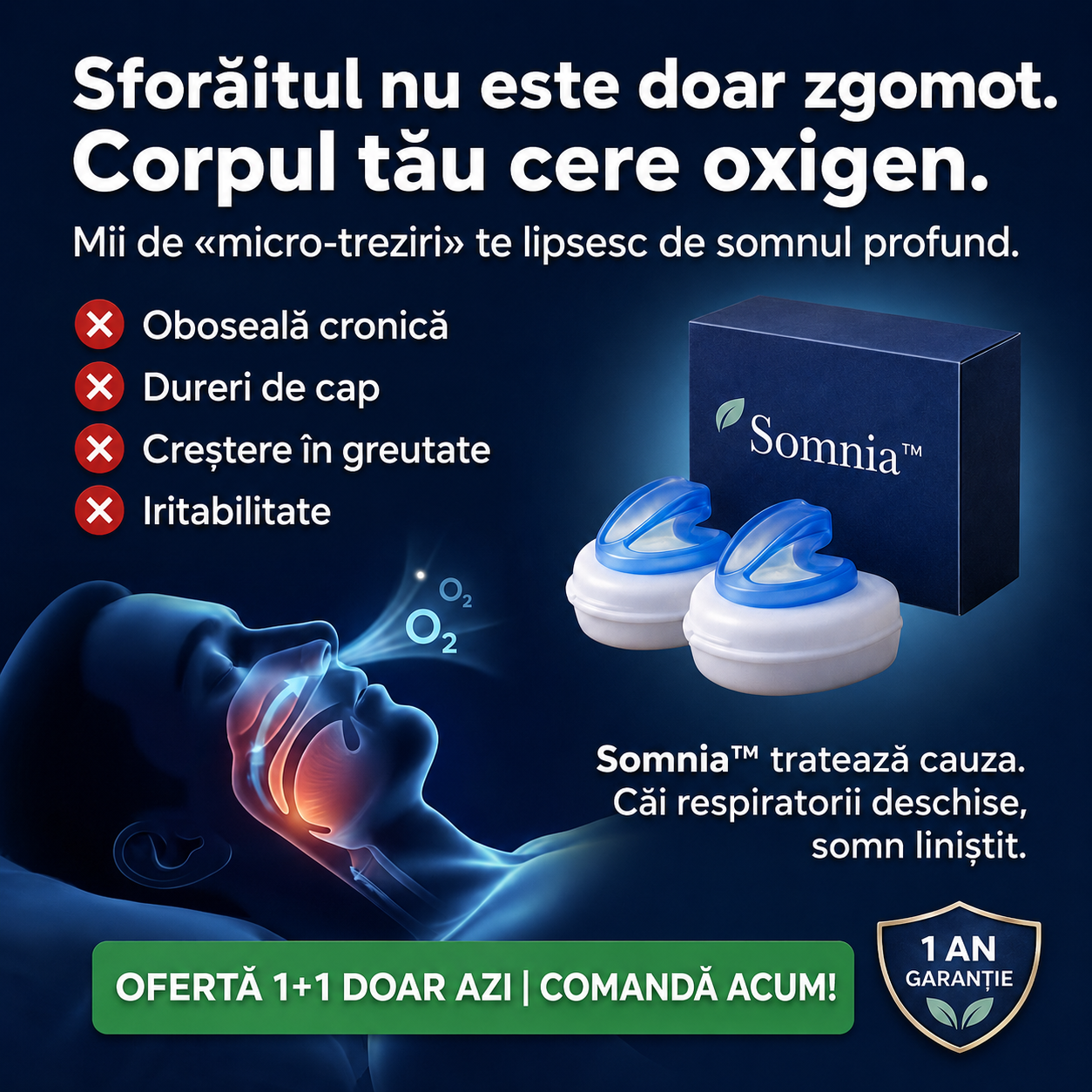 1+1 GRATIS DOAR AZI! | Somnia™ Pro – Dispozitivul anti-sforăit dezvoltat pentru a reduce sforăitul și senzația de sufocare nocturnă | Trezește-te odihnit și plin de energie în fiecare dimineață | Garanție de rambursare 30 de zile