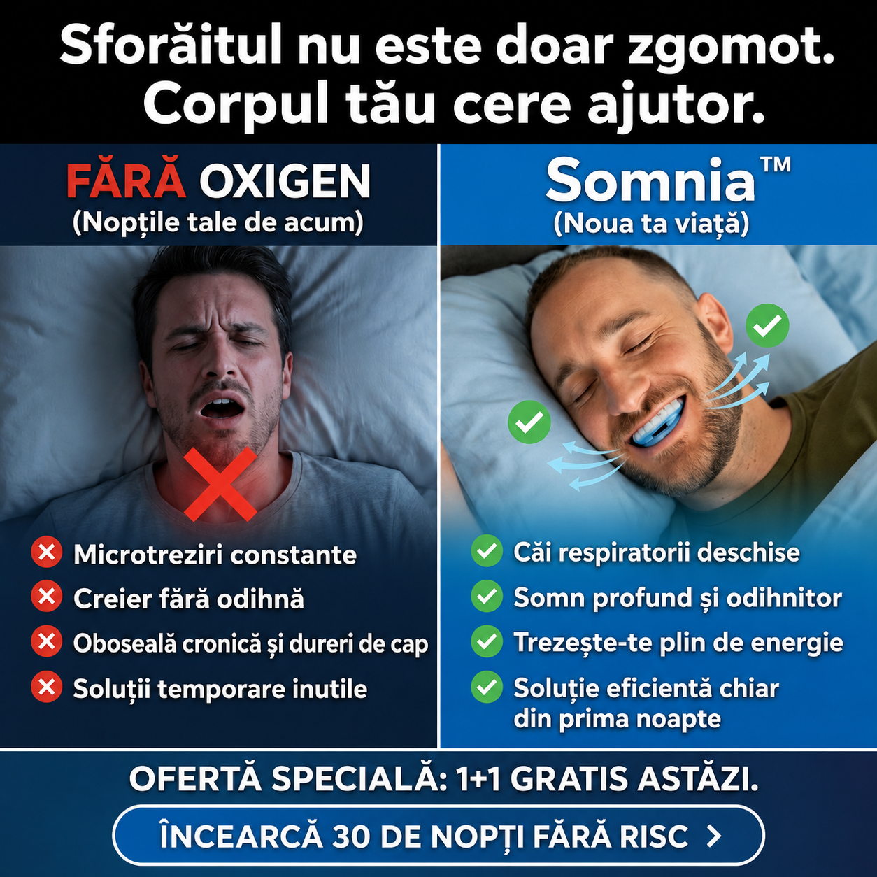 1+1 GRATIS DOAR AZI! | Somnia™ Pro – Dispozitivul anti-sforăit dezvoltat pentru a reduce sforăitul și senzația de sufocare nocturnă | Trezește-te odihnit și plin de energie în fiecare dimineață | Garanție de rambursare 30 de zile