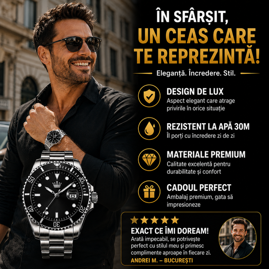 Ceas Elvețian Premium Submariner – Design de Lux Tip Diver, Negru Elegant (Arată scump, fără să plătești mii)