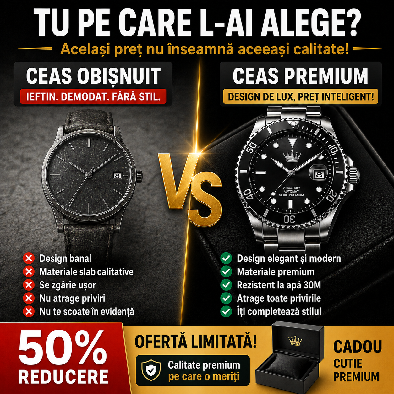Ceas Elvețian Premium Submariner – Design de Lux Tip Diver, Negru Elegant (Arată scump, fără să plătești mii)