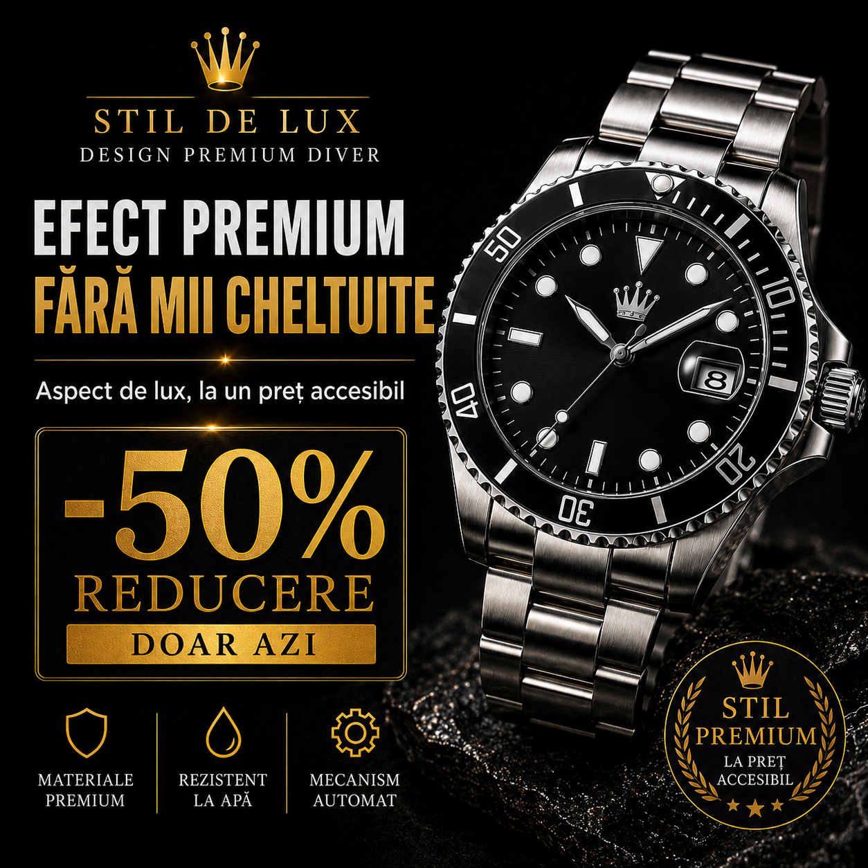 Ceas Elvețian Premium Submariner – Design de Lux Tip Diver, Negru Elegant (Arată scump, fără să plătești mii)