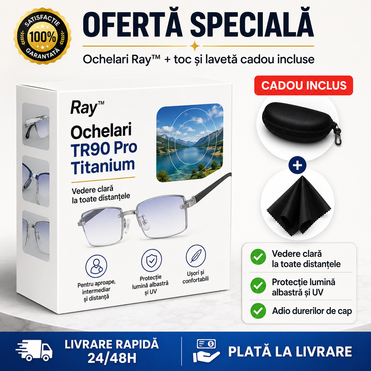 Ochelari Inteligenți RayPro™ 3-în-1: Vedere Perfectă la Orice Distanță | Lentile Auto-Reglabile cu Filtru de Lumină Albastră | Siguranță Maximă la Volan | CADOU Toc din Piele + 30 de Zile Testare Fără Risc