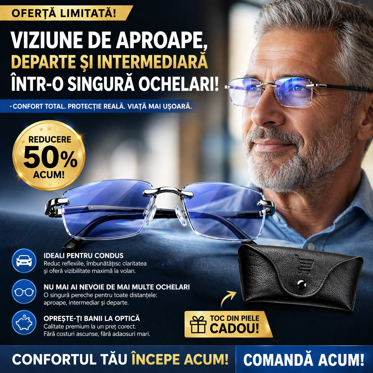 Ochelari Inteligenți 3-în-1 RayPro™: Vedere Perfectă la Orice Distanță | Lentile Auto-Reglabile cu Filtru Lumină Albastră | Ideali pentru Condus | CADOU Toc din Piele + 30 Zile Testare Fără Risc