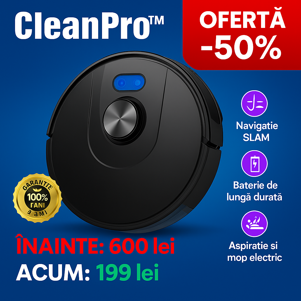 CleanPro™ - Robotul 3-în-1 care schimbă totul: aspiră, mătură și spală pentru tine. Ai grijă de casa ta fără să te ridici din pat! (30 de zile de testare + Garanție 5 ani)