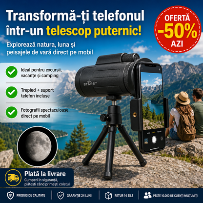 Stars™ – Telescopul portabil care îți transformă telefonul într-un zoom puternic pentru natură, lună și aventurile de vară | Trepied + Suport Mobil incluse