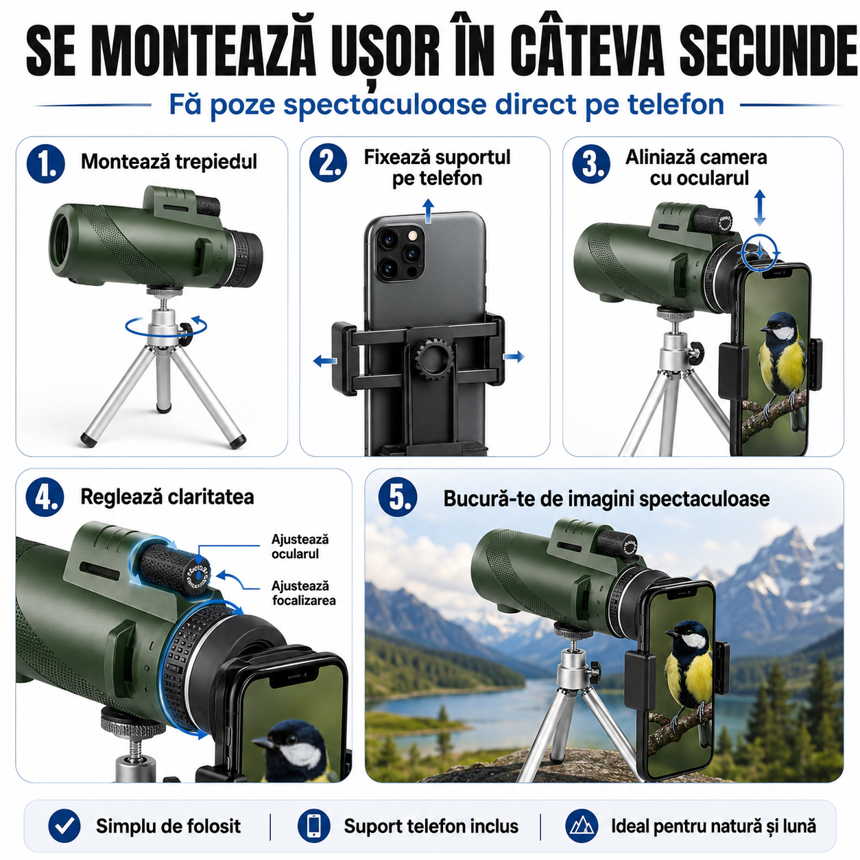 Stars™ – Telescopul portabil care îți transformă telefonul într-un zoom puternic pentru natură, lună și aventurile de vară | Trepied + Suport Mobil incluse