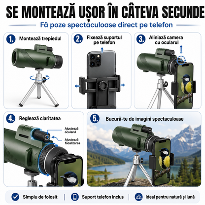 Stars™ – Telescopul portabil care îți transformă telefonul într-un zoom puternic pentru natură, lună și aventurile de vară | Trepied + Suport Mobil incluse
