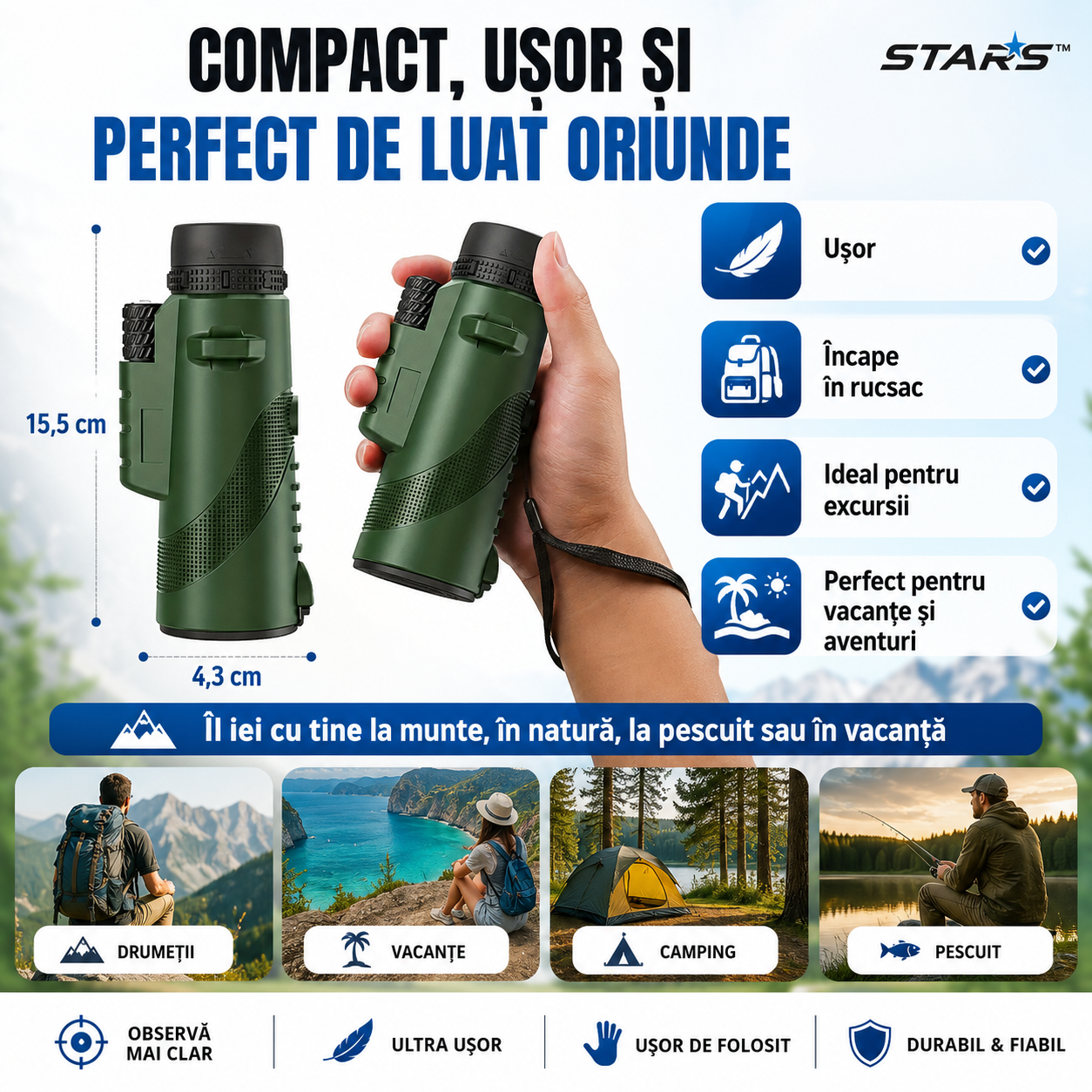 Stars™ – Telescopul portabil care îți transformă telefonul într-un zoom puternic pentru natură, lună și aventurile de vară | Trepied + Suport Mobil incluse