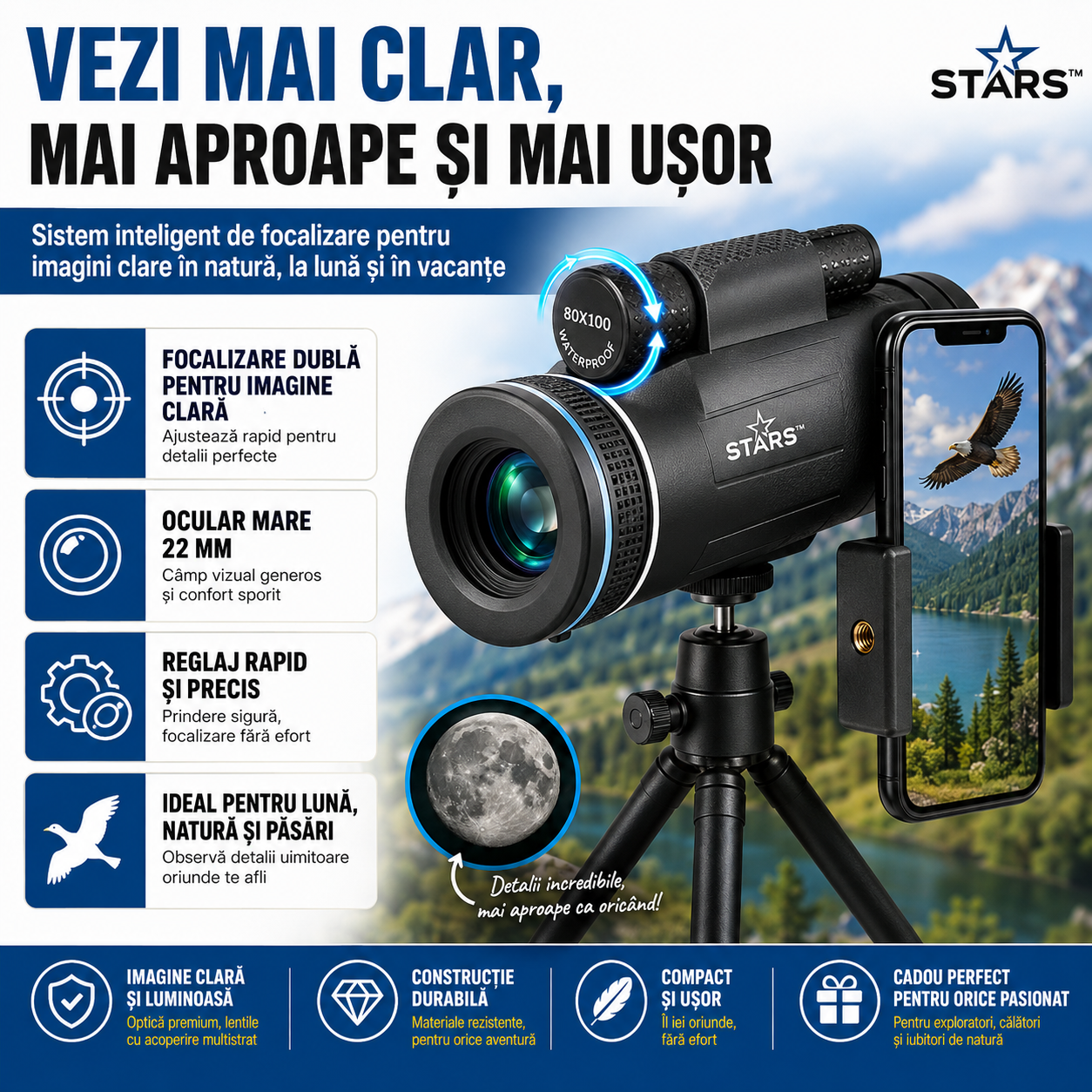 Stars™ – Telescopul portabil care îți transformă telefonul într-un zoom puternic pentru natură, lună și aventurile de vară | Trepied + Suport Mobil incluse