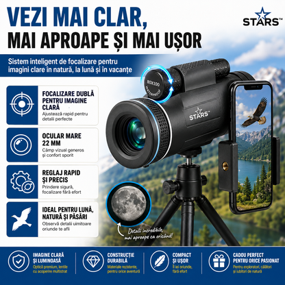 Stars™ – Telescopul portabil care îți transformă telefonul într-un zoom puternic pentru natură, lună și aventurile de vară | Trepied + Suport Mobil incluse