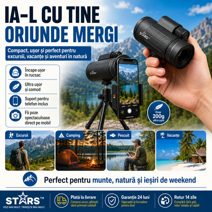 Stars™ – Telescopul portabil care îți transformă telefonul într-un zoom puternic pentru natură, lună și aventurile de vară | Trepied + Suport Mobil incluse