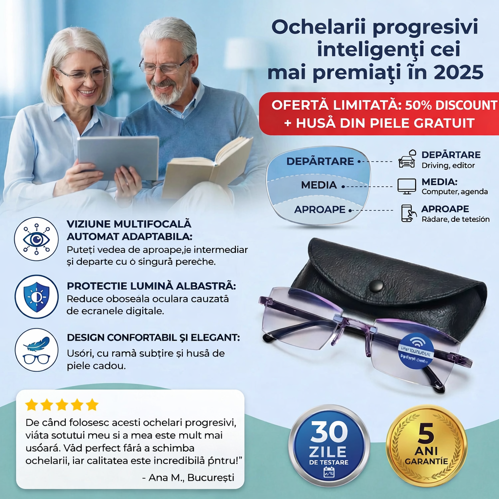 Ochelari Inteligenți 3-în-1 RayPro™: Vedere Perfectă la Orice Distanță | Lentile Auto-Reglabile cu Filtru Lumină Albastră | Ideali pentru Condus | CADOU Toc din Piele + 30 Zile Testare Fără Risc