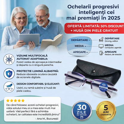 Ochelari Inteligenți 3-în-1 RayPro™: Vedere Perfectă la Orice Distanță | Lentile Auto-Reglabile cu Filtru Lumină Albastră | Ideali pentru Condus | CADOU Toc din Piele + 30 Zile Testare Fără Risc