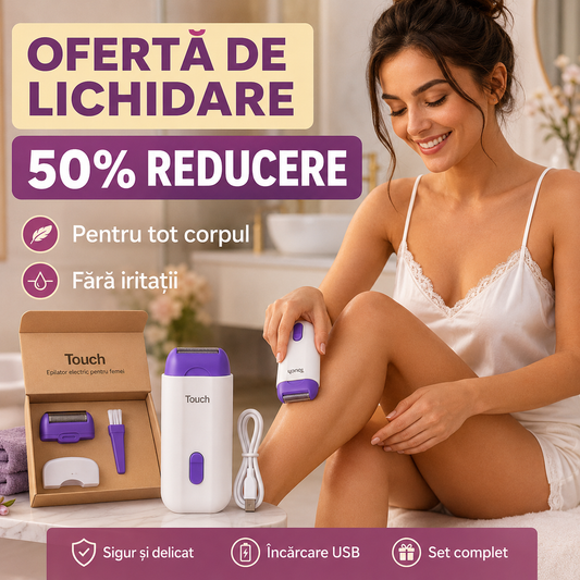 Kit Complet Depilator Electric cu Laser & Micro-Oscilație Touch™ – Pentru Tot Corpul, Piele Fină și Catifelată, Fără Iritații, Roșeață sau Mâncărimi