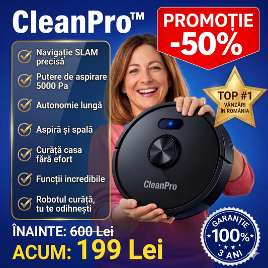 CleanPro™ - Robotul 3-în-1 care schimbă totul: aspiră, mătură și spală pentru tine. Ai grijă de casa ta fără să te ridici din pat! (30 de zile de testare + Garanție 5 ani)